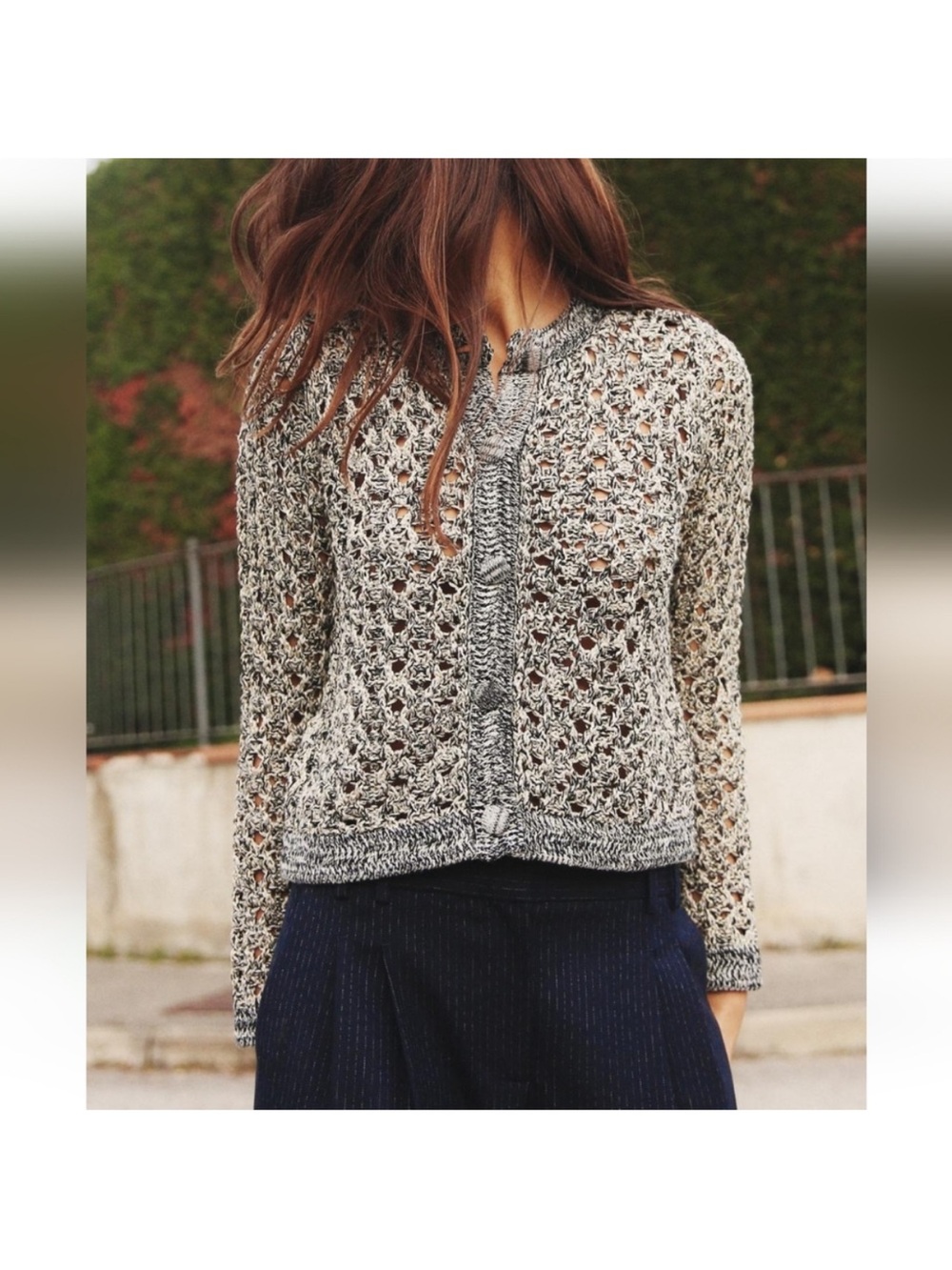 Zara Marled Open-Knit Button-Front Cardigan - Black & Cream